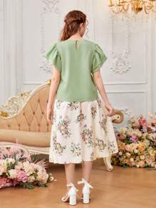 SHEIN Teen Girl's Woven Solid Color Double Layer Ruffle Hem Shirt And Floral Print Skirt Two Piece Set - Multicolor - View 2