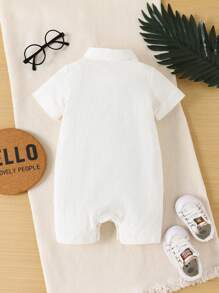 SHEIN 男婴马球领休闲短袖恐龙印花连体衣 - 白色 - 查看 2