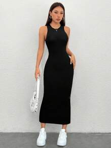 SHEIN PETITE Women'S Round Neck Sleeveless Dress - Black - View 8