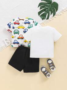 SHEIN 嬰兒男童卡通汽車圖案圓領短袖上衣和短褲3件套裝