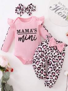 Baby Girl 3pcs/Set Headband+Pit Stripe Letter Print Bodysuit+Leopard Print Pants Outfits - Pink - View 6