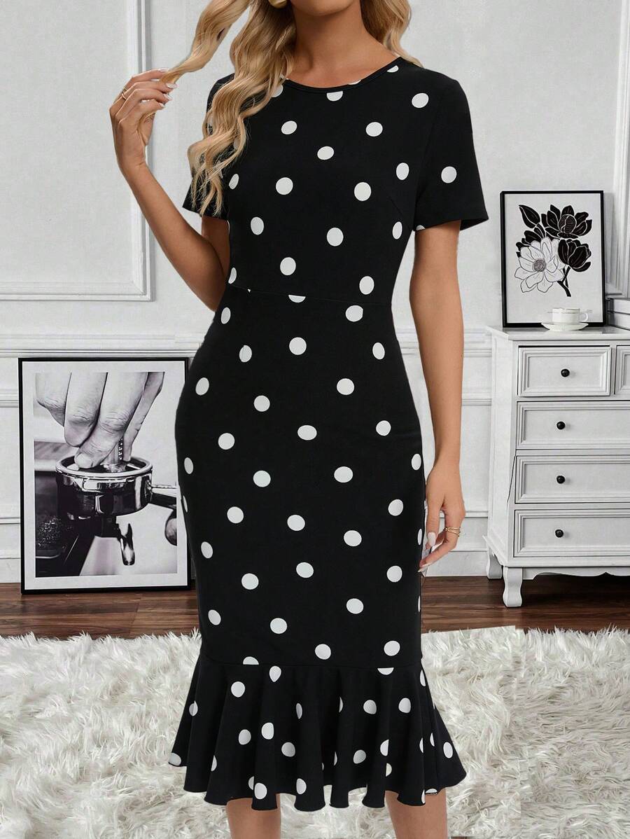 SHEIN Clasi Polka Dot Printed Dress With Ruffled Hem - Black and White - View 1