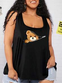 SHEIN EZwear 大尺碼女卡通熊印花低圓領背心 - 黑色 - 查看 2