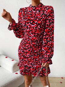 Chiquease 女士愛心印花立領連衣裙 - 紅色和黑色 - 查看 6