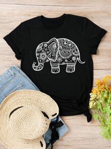 Chiquease Women's Elephant Print Round Neck Tee Graphic Tees Women Tops - Black - View 1