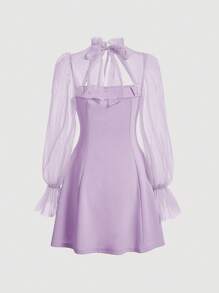 SHEIN MOD 女士网眼拼接镂空系带约会晚礼服 - 淡紫色 - 查看 2