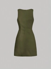 SHEIN MOD Vestido verde militar de unicolor sin mangas con volantes en el bajo y banda decorativa para mujer - Verde militar - Ver 2