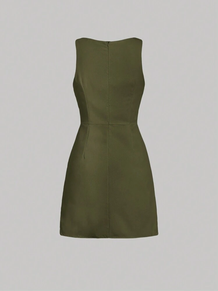 SHEIN MOD Vestido verde militar de unicolor sin mangas con volantes en el bajo y banda decorativa para mujer - Verde militar - Añade 2