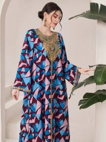 Al Najma Vestido Estampado Bordado Com Decote Redondo E Ajuste Solto - Multicolorido - Ver 1