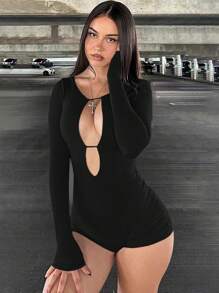 SHEIN SXY Women'S Long Sleeve Hollow Out Bodycon Romper Unitard