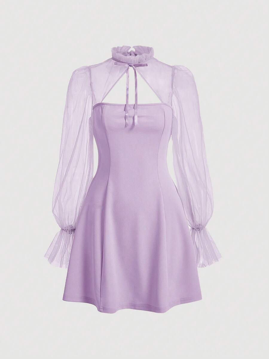 SHEIN MOD 女士网眼拼接镂空系带约会晚礼服 - 淡紫色 - 查看 1