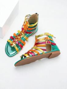 Summer Women'S Multi-Strap Decorated Sandals, Ankle Buckle Back Zipper Simple Shoes, Vacation Slip-Resistant Stylish Flat Sandals, Multicolor - Multicolor - View 5