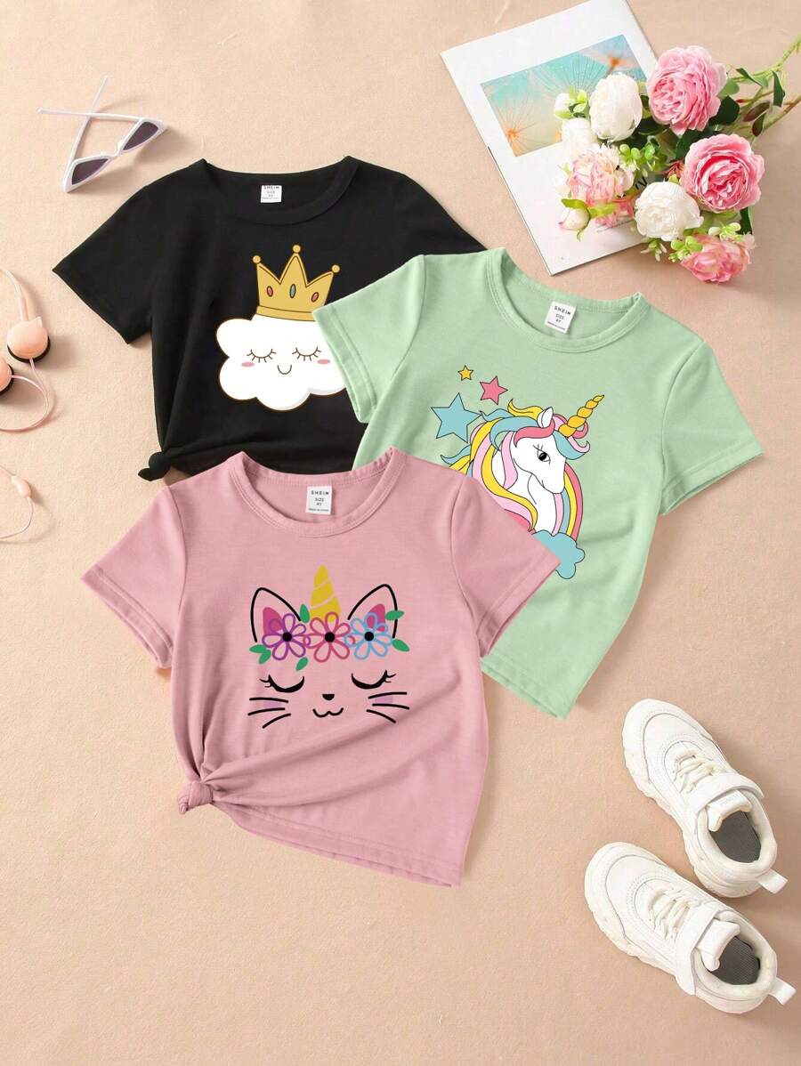 SHEIN 3 Stücke/Set Kleine Mädchen Lässig süßes T-Shirt mit Cartoon-Katze und farbigem Einhorn-Kronen-Wolkenmuster und kurzen Ärmeln, wunderbarer Stil