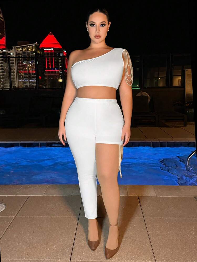 Women'S Plus Size One Shoulder Pearl Decoration Top And Pants Set