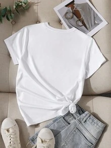 SHEIN EZwear Của phụ nữ Lá thư In Ngắn tay Áo thun - trắng - Xem 2