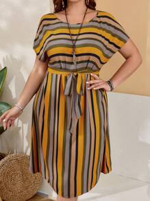 EMERY ROSE Plus Size Women'S Striped Belted Dress For Spring - Multicolor - View 6