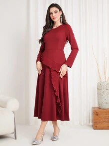 Modelyn Burgundy Red Women'S Solid Color Ruffle Trimmed Dress Long Evening Dresses