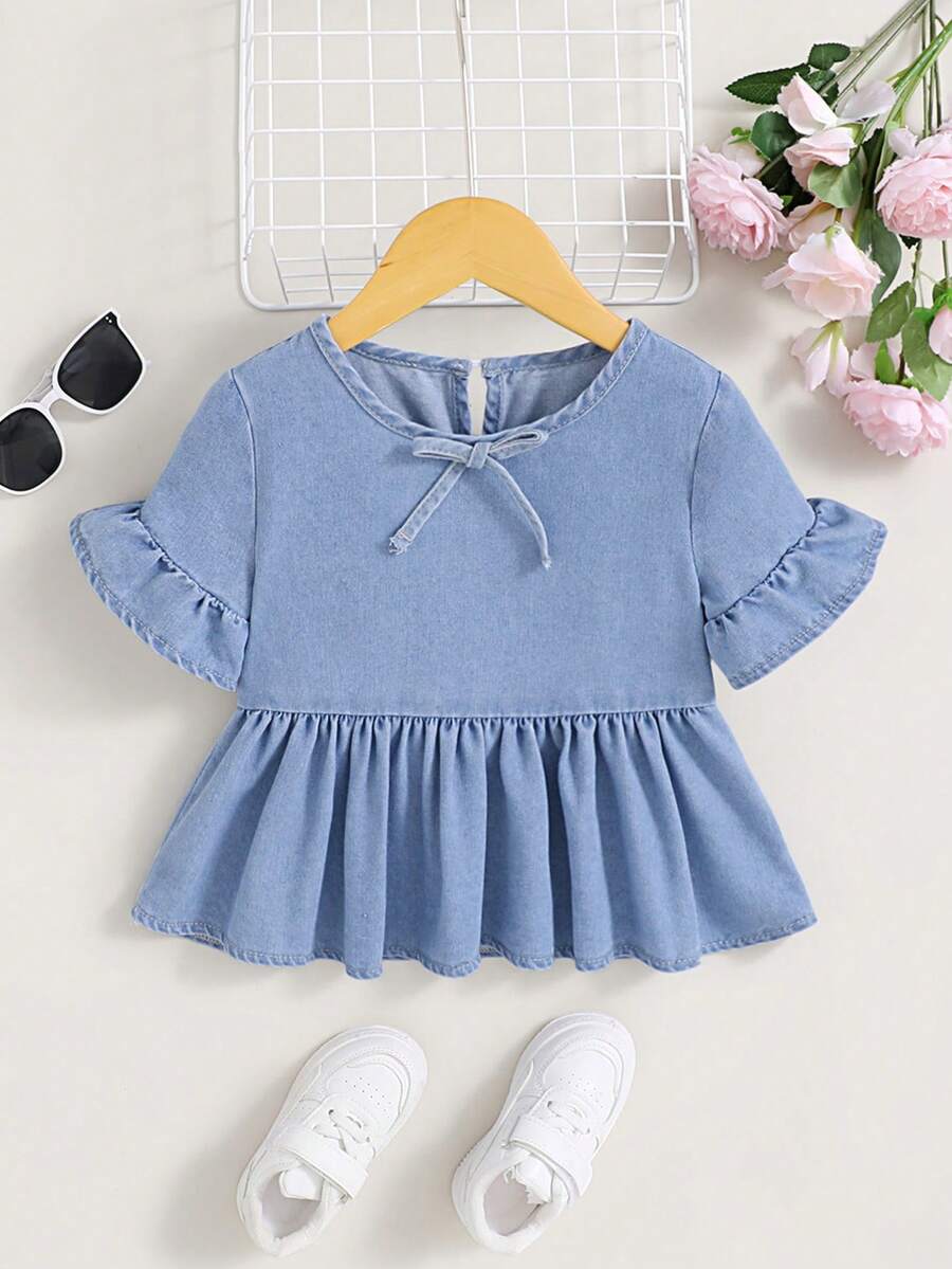 SHEIN 少女寬鬆蝴蝶結休閒牛仔短袖上衣,荷葉邊下擺 - 藍色 - 查看 1