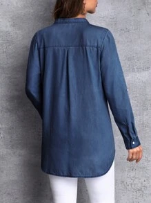 EMERY ROSE Women's Notched Collar Long Sleeve Denim Shirt New Long Sleeve/Half Sleeve Button Pocket Thin Denim Top - Blue - View 2