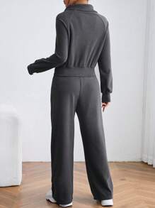 SHEIN PETITE Quý cô Dây kéo Áo nỉ Và Quần Bộ - Màu xám đen - Xem 2