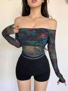 Dazy Designer Women's Off-The-Shoulder See-Through Top,Off Shoulder Top,Back To School Clothes Long Sleeve Women Tops,Fall Women Clothes Going Out Tops Women - Multicolor - View 4
