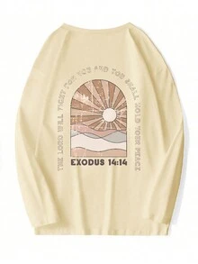 Của phụ nữ Slogan In Thả vai Tay áo dài Áo thun - Màu be - Xem 2