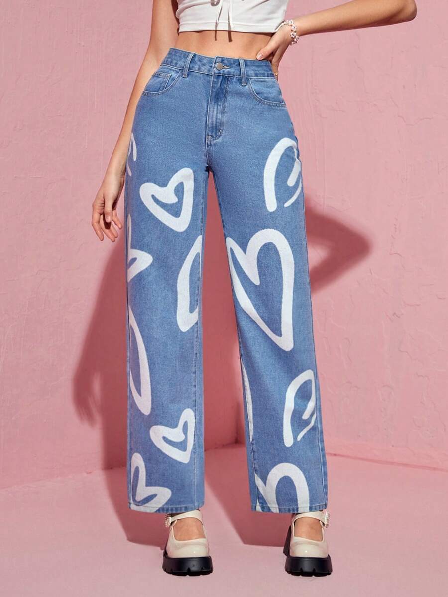 SHEIN MOD Women'S Heart Printed Jeans - Light Wash - View 1