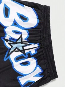 ROMWE MEN Prep Men's Contrast Stripe & Letter Print Basketball Shorts With Drawstring Waist - Black - View 7