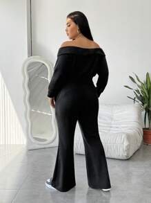 SHEIN EZwear 大尺碼純色露肩運動衫與喇叭褲套裝 - 黑色 - 查看 2