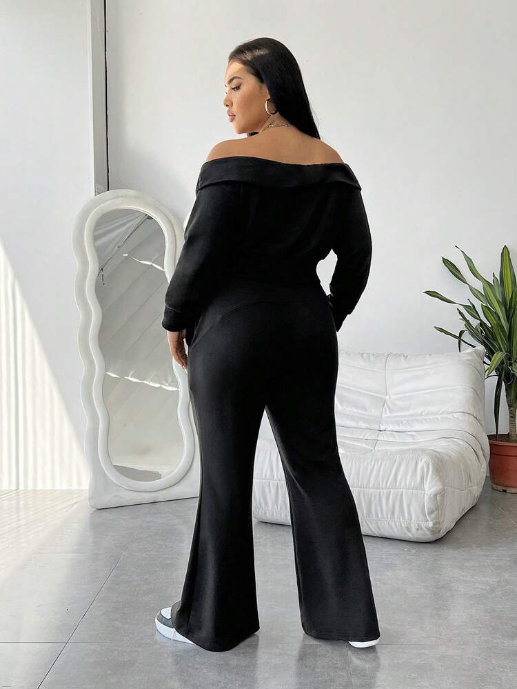 Plus Size Solid Color Off Shoulder Sweatshirt With Flared Pants Set