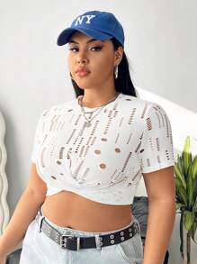SHEIN EZwear CURVE Women'S Plus Size Hollow Out Cross Cut Short T-Shirt