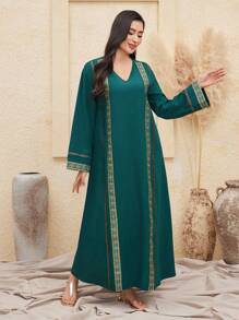 Al Najma Women's Patchwork Weave Ribbon Turkish Long Shirt Kaftan Jalabiya Dress - Dark Green - View 8