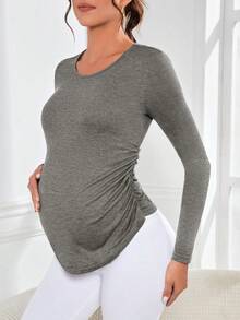 SHEIN Maternity Long Sleeve Tee With Ruched Side - Dark Grey - View 3