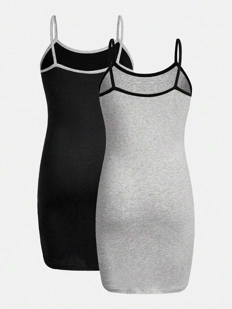 2pcs/Set Cool & Casual Knitted Color-Block Spaghetti Strap Dress For Tween Girls, Spring/Summer