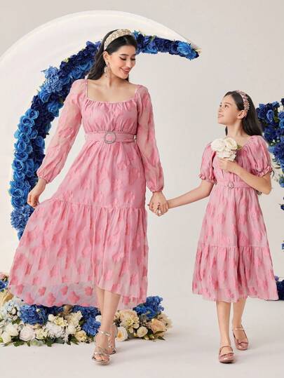 SHEIN Tween Girls' Floral Jacquard Short Puff Sleeve Bubble Dress