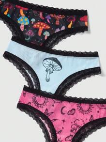 Laura Lessa designs e prints 3 件/套 彩色真菌印花蕾絲拼接三角內褲 - 彩色 - 查看 4