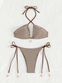 SHEIN Swim Summer Beach Women's Plaid Pattern Halter Neck Bikini Set Music Festival - Coffee Brown - View 1
