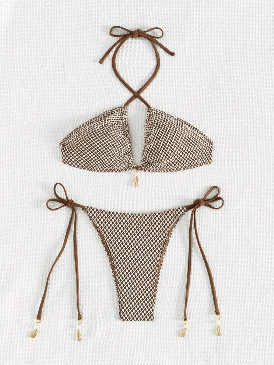 SHEIN Swim Summer Beach Women's Plaid Pattern Halter Neck Bikini Set Music Festival - Coffee Brown - View 1