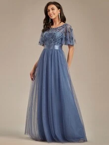Fall Flutter Sleeve Floral Sequin Dress Mesh Contrast Prom Semi Formal Dress For Dinner Elegant Evening Dress Dusty Blue Wedding Guest Gown
