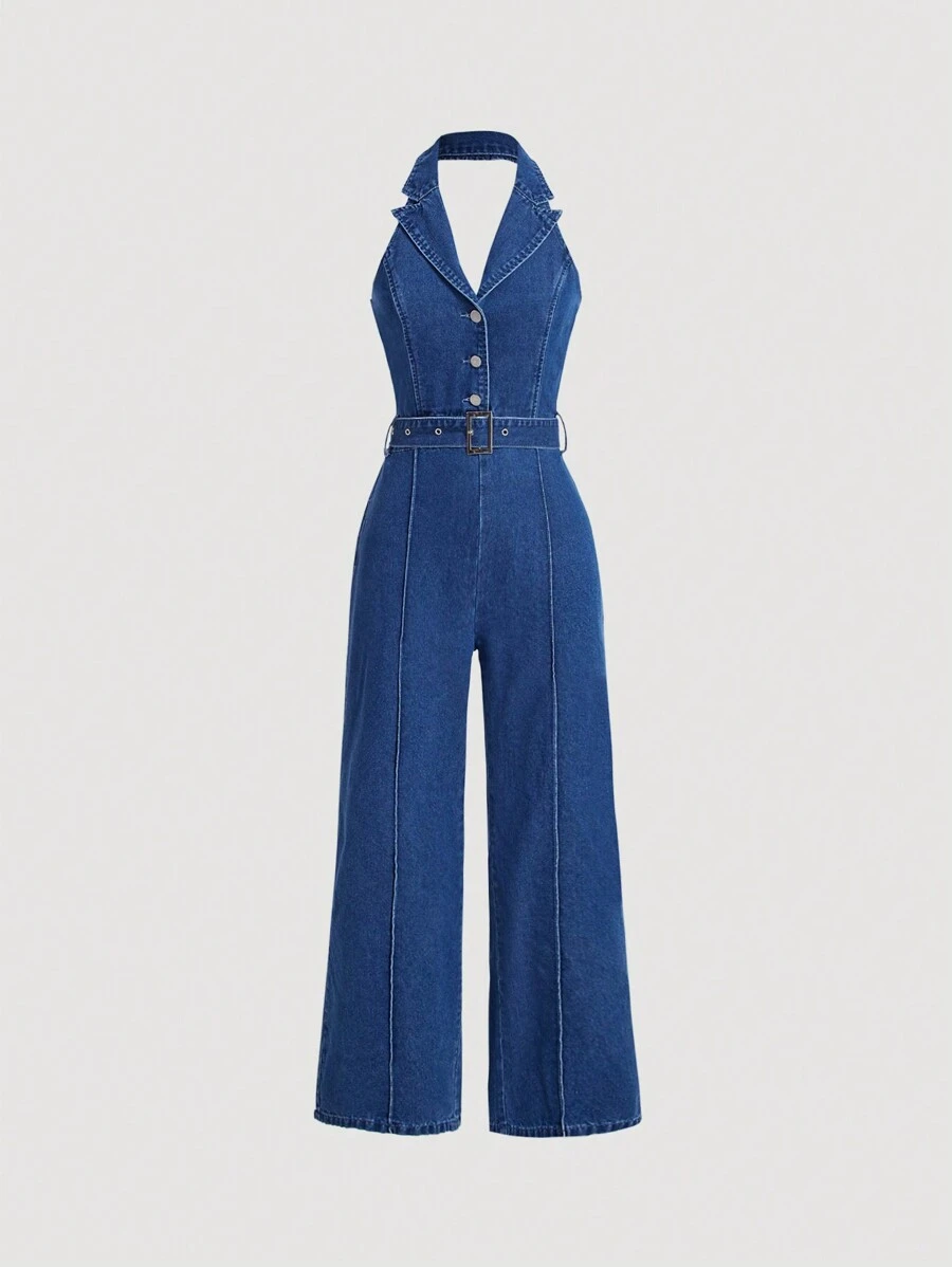 SHEIN MOD Của phụ nữ Không lưng Dây Thắt lưng Denim Áo liền quần - Rửa tối - Xem 1