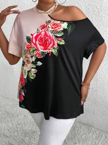 Maweii Camiseta De Cuello Asimétrico Con Tamaño Extra Grande Para Mujeres Con Estampado Floral De Color Contrastante - Negro - Ver 4