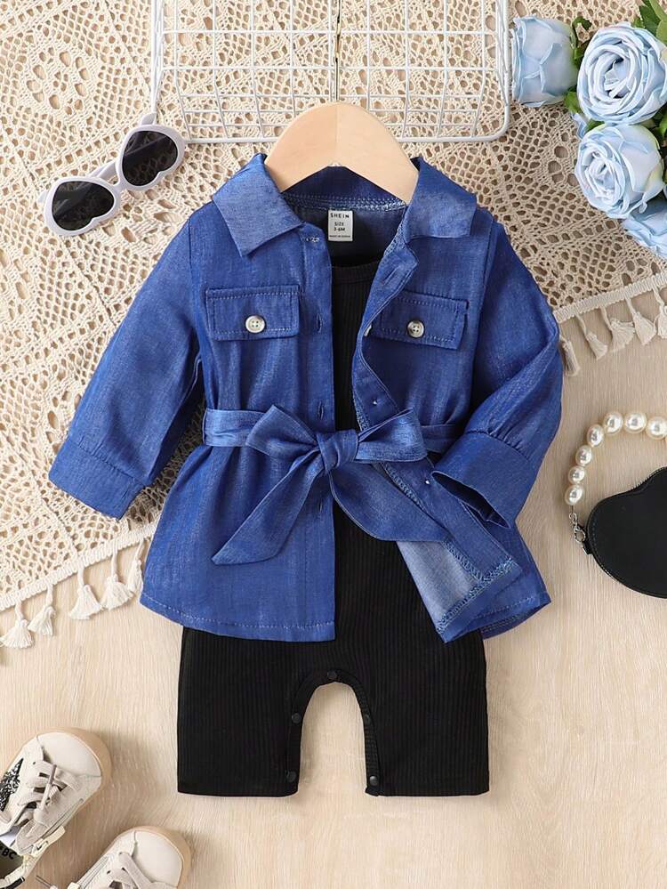 Baby Girl Summer Flap Pocket Button Up Jacket & Ribbed Cami Romper