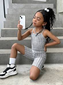 SHEIN Explorewe Conjunto De Dos Piezas Para Niña Con Top Y Pantalón De Canalé Gris - Gris - Ver 6