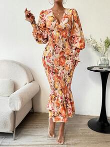 SHEIN Clasi 女士印花褶皺長袖氣球裝連衣裙,全身花卉圖案 - 彩色 - 查看 4