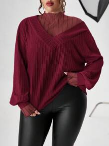 SHEIN Privé Plus Size Mesh Panel 2 In 1 T-Shirt - Burgundy - View 4
