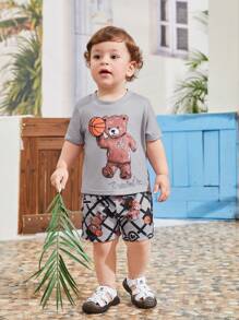 Baby Boys' Casual Style Bear Printed Outfit - Grey - View 3