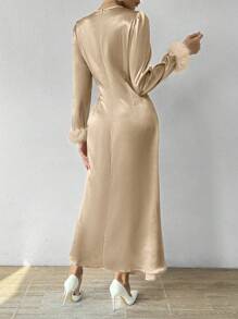 Chiquease 純色圓領絨毛袖口拼接裙 - 香檳色 - 查看 2