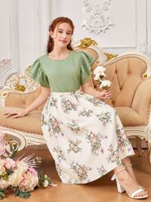 SHEIN Teen Girl's Woven Solid Color Double Layer Ruffle Hem Shirt And Floral Print Skirt Two Piece Set - Multicolor - View 3