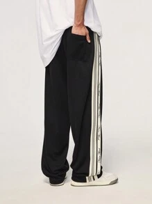 INFLATION Men Letter Graphic Contrast Side Seam Pants - Black - View 2
