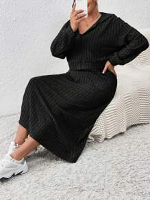 SHEIN Essnce Women's Plus Size Solid Color Ribbed Casual Suit - Black - View 4